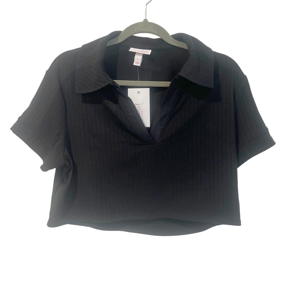 Isabel by Ingrid & Isabel Maternity Polo Crop Top Black Ribbed Short Sleeve S
